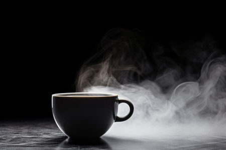Coffee cup with steam on a black background. Copy space.の素材