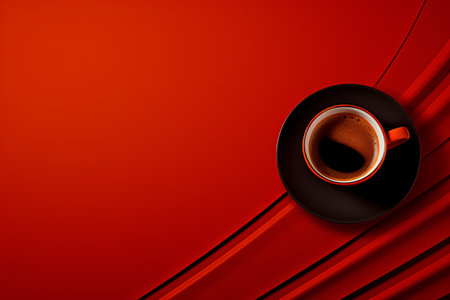 Cup of coffee on red background. Top view. vector illustrationの素材