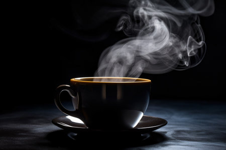 Cup of coffee with steam on black background. Selective focus.の素材