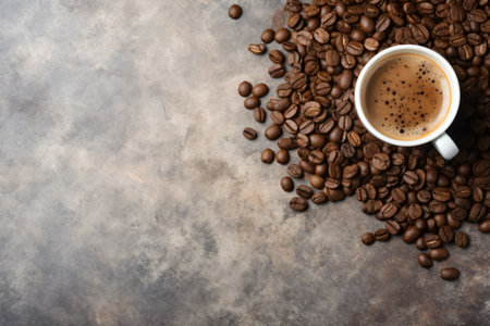Coffee cup and coffee beans on stone table. Top view with copy spaceの素材