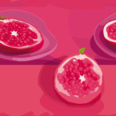 Pomegranate fruit vector illustration. Whole and half pomegranate on red background.のイラスト素材