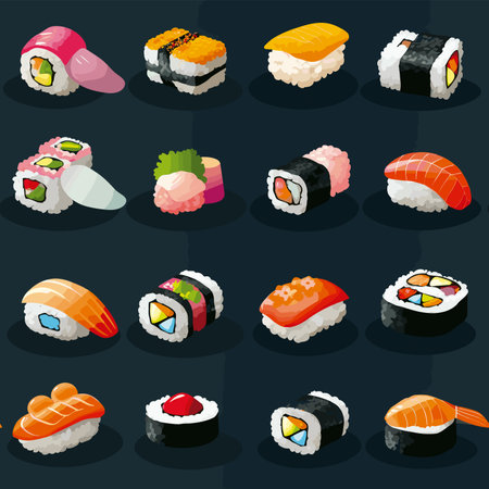 Sushi icons set. Isometric set of sushi vector icons for web designのイラスト素材