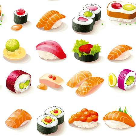 Seamless pattern of sushi and rolls on a white background.のイラスト素材