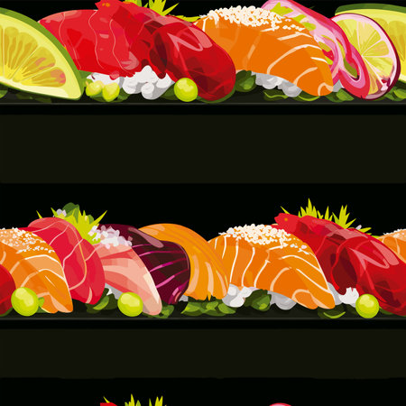 Seamless pattern with sushi on a black background. vector illustrationのイラスト素材
