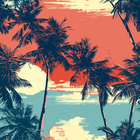 Vintage background with palm trees on the beach. Vector illustration.のイラスト素材