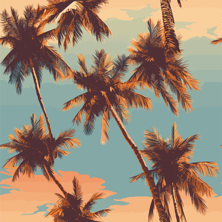 Tropical seamless pattern with palm trees and sunset sky. Vector illustration.