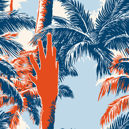 Seamless pattern with palm trees and hand. Vector illustration.のイラスト素材