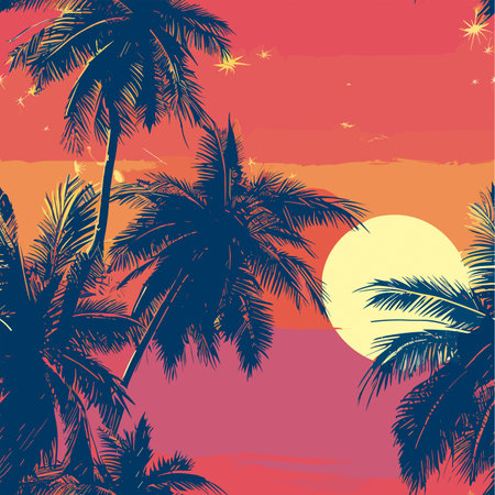 Seamless pattern with palm trees and sunset. Vector illustration.のイラスト素材