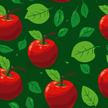 Seamless pattern with red apples on green background. Vector illustration.のイラスト素材
