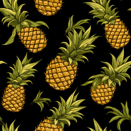 Seamless pattern with pineapple on black background. Vector illustration.のイラスト素材