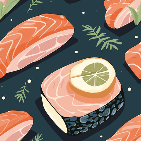 Seamless pattern with salmon and lemon on black background. Vector illustration.のイラスト素材