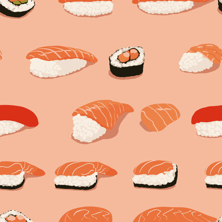 Seamless pattern with sushi and rolls. Vector illustration in flat style.のイラスト素材