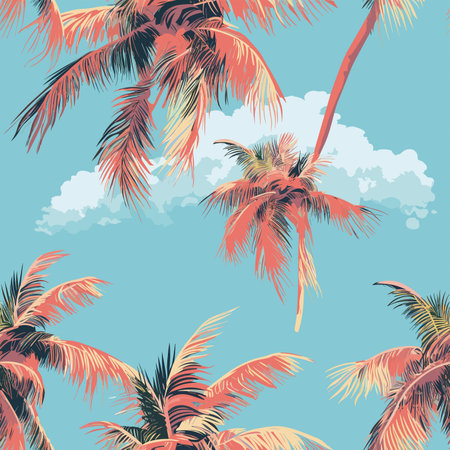Seamless pattern with palm trees and clouds. Vector illustration.のイラスト素材