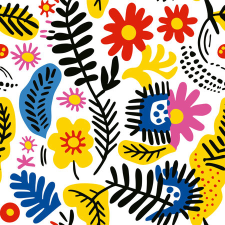 Seamless pattern with flowers and leaves. Hand drawn vector illustration.のイラスト素材