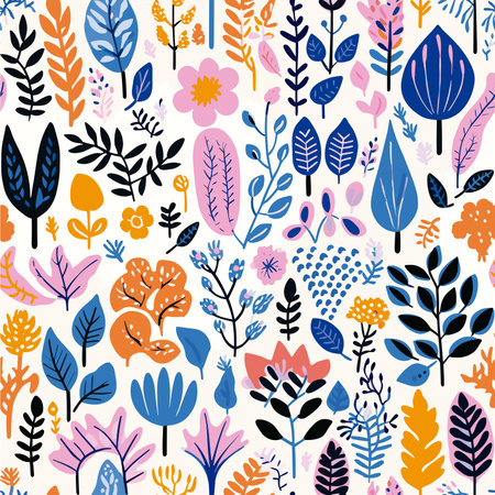 Seamless pattern with leaves and flowers. Vector hand drawn illustration.のイラスト素材