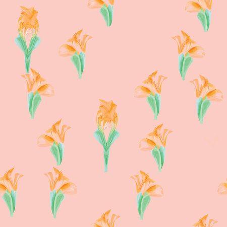 Seamless pattern with orange lilies on a pink background.のイラスト素材