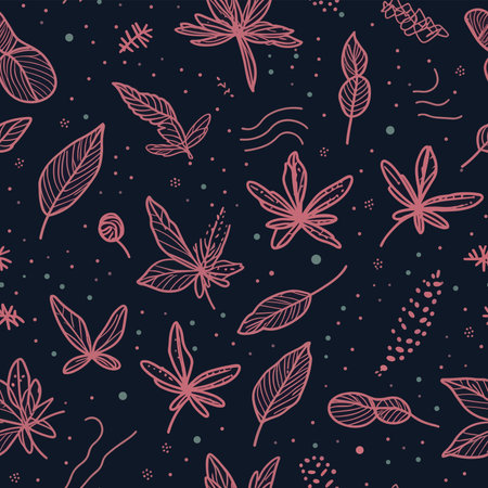 Seamless pattern with hand drawn doodle leaves. Vector illustration.のイラスト素材