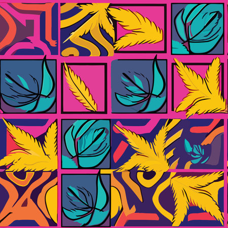 Seamless pattern with tropical leaves and feathers. Vector illustration.のイラスト素材