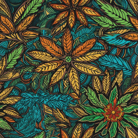 Seamless pattern with colorful leaves and flowers. Vector illustration.のイラスト素材