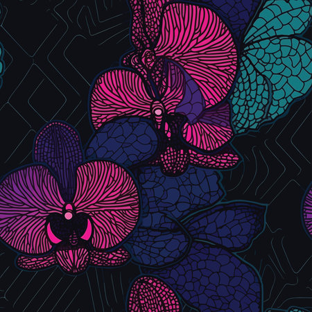 Seamless pattern with orchids on dark background. Vector illustration.のイラスト素材
