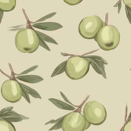 Seamless pattern with green olives on olive tree branches.のイラスト素材