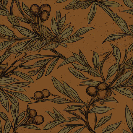 Seamless pattern with olive branches. Hand drawn vector illustration.のイラスト素材