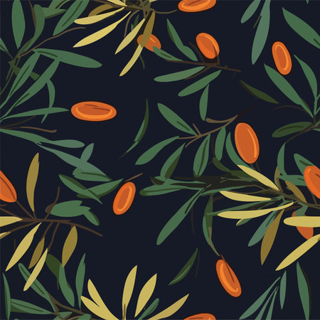 Seamless pattern with sea buckthorn berries. Vector illustration.のイラスト素材