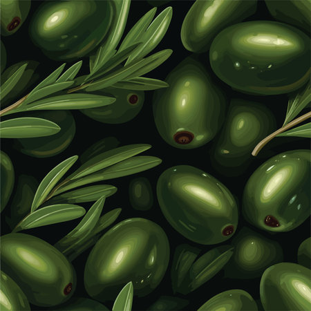 Seamless pattern with green olives on a black background.のイラスト素材