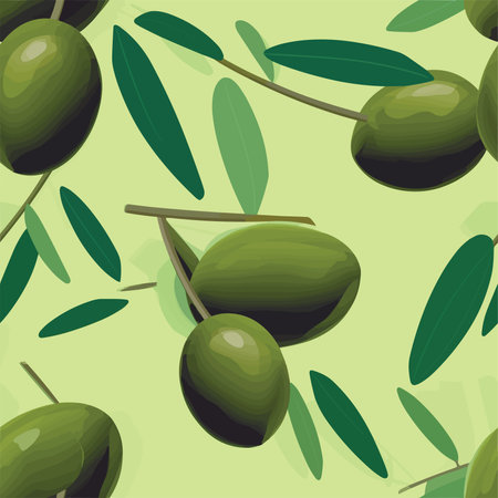 Seamless pattern with green olives and leaves. Vector illustration.のイラスト素材
