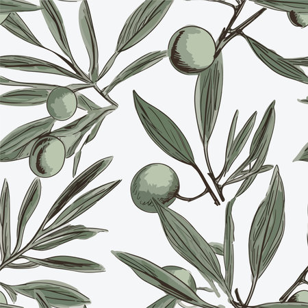 Seamless pattern with olive branches and olives. Vector illustration.のイラスト素材