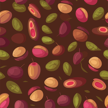 Seamless pattern with plums and leaves. Vector illustration.のイラスト素材