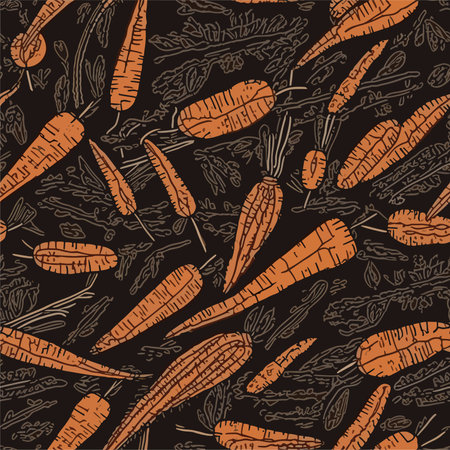 Seamless pattern with hand drawn carrots on a dark background.のイラスト素材
