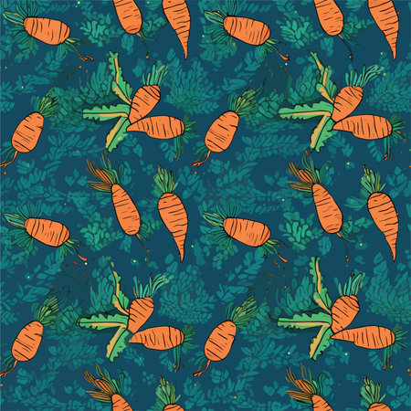 Seamless pattern with hand drawn carrots and leaves. Vector illustration.のイラスト素材