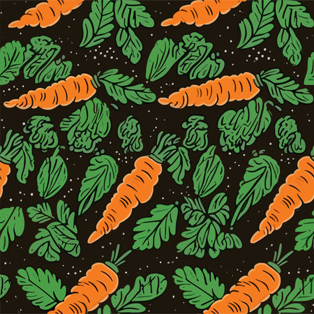 Seamless pattern with carrots and leaves on a black background.のイラスト素材