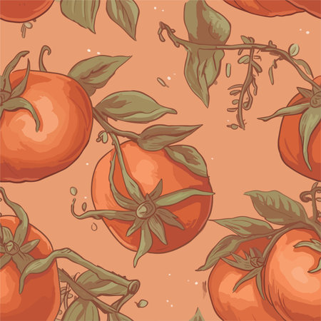 Vector seamless pattern with hand drawn tomatoes and leaves on orange background.のイラスト素材