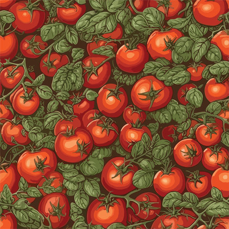 Seamless pattern with red tomatoes and basil. Vector illustration.のイラスト素材