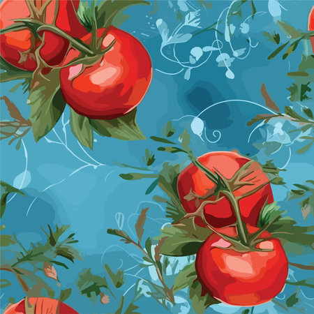 Seamless pattern with tomatoes and herbs on a blue background.のイラスト素材