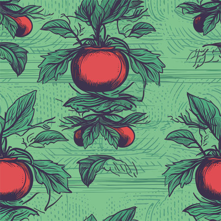 Seamless pattern with red apples and leaves on a green backgroundのイラスト素材