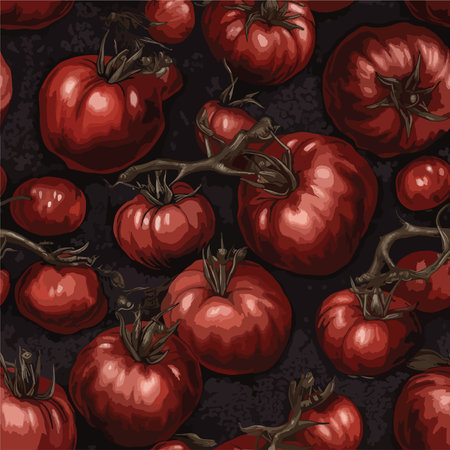Seamless pattern with red ripe tomatoes on a dark background.のイラスト素材