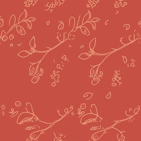 Seamless pattern with flowers and birds on a red background.のイラスト素材