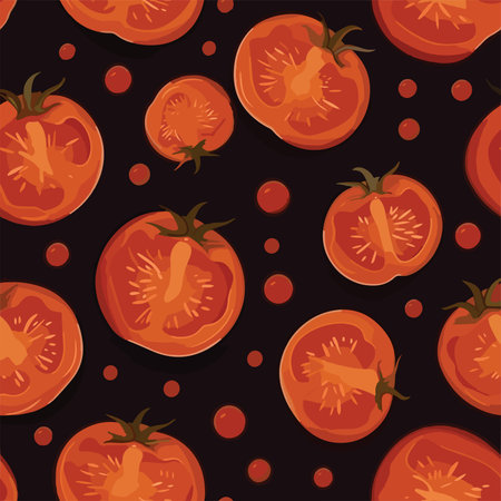 Seamless pattern with red tomatoes on black background. Vector illustration.のイラスト素材