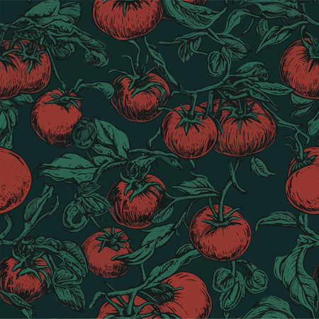 Tomatoes seamless pattern. Hand drawn vector illustration. Vintage style.のイラスト素材