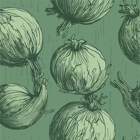 Seamless pattern with onions on a green background. Hand drawn vector illustration.のイラスト素材