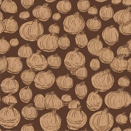Seamless pattern with onions on brown background. Vector illustration.のイラスト素材