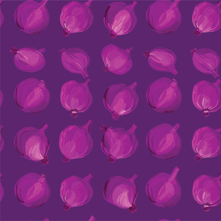 Seamless pattern with hand drawn onions on purple background. Vector illustration.のイラスト素材