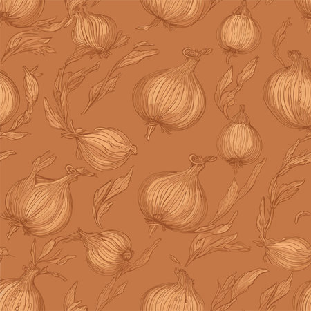 Seamless pattern with onion on brown background. Vector illustration.のイラスト素材