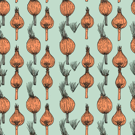 Seamless pattern with onion. Hand drawn vector illustration in vintage style.のイラスト素材