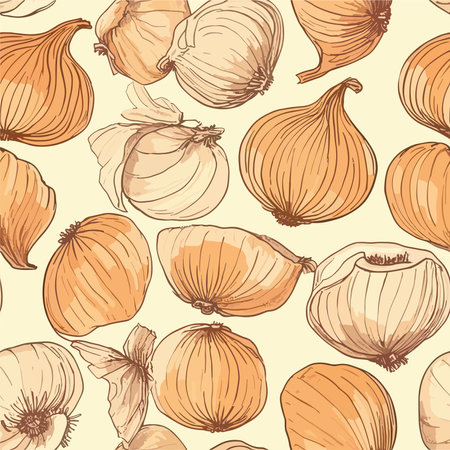 Seamless pattern with onions. Vector illustration in vintage style.のイラスト素材