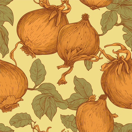 Seamless pattern with onions. Vector illustration in retro style.のイラスト素材
