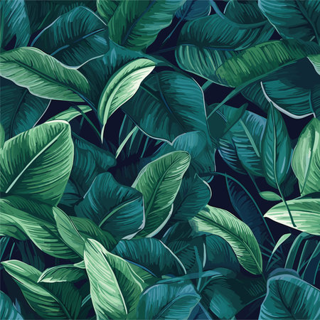 Seamless pattern with tropical leaves on dark background. Vector illustration.のイラスト素材